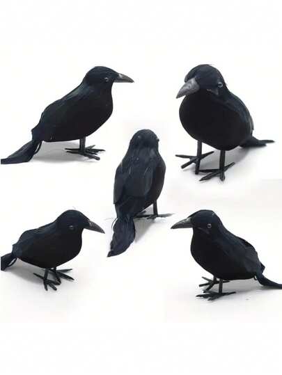 5pcs Halloween Black Crow Set, Vintage Style With Realistic Artificial Feathers - Halloween Party Decoration Props, Lifelike Plastic Crows, Suitable For Seasonal Indoor Decor, No Electricity Required