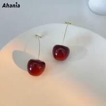 Ahania Red Cherry Earrings Fruit Pendant Long Cherry Earring With Gold Pin Cute Women's Jewelry - 酒紅色 - 查看 9