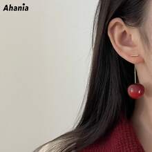 Ahania Red Cherry Earrings Fruit Pendant Long Cherry Earring With Gold Pin Cute Women's Jewelry - 酒紅色 - 查看 4