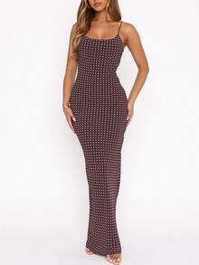 1pc Women's Elegant Polka Dot Print Backless Spaghetti Strap Slim Fit Long Dress, Suitable For Party, Autumn - Coffee - View 5