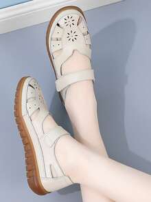 女士真皮平底渔夫凉鞋，舒适休闲夏季鞋，适合工作和日常散步 - 米色 - 查看 3