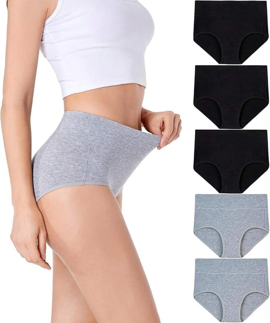 Women's Cotton High Waist Tummy Control Panties Jacquard Ladies Panty Multipack - Comfort - 三角褲 03 - 5 條裝 - 3 條黑色,2 條灰色 - 查看 1