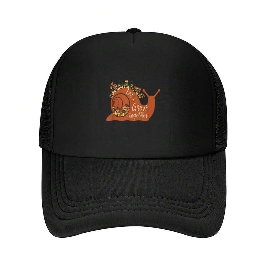 Lets Grow Together Quote Cute Snail Mushroom Retro SingleSided Print Black ShortSleeve Happy Easter Family Friends Weight Hat Stylish Printed Minimalist (Focus On Design & Comfort) Classic Curved Brim Sandwich Cap Premium Polyester Comfortable Breathable Face Framing Casual Baseball Hat - 黑色 - 查看 1