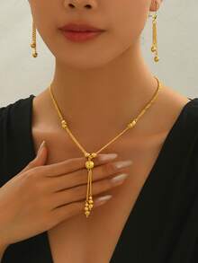 3pcs/Set Minimalist Elegant Round Bead Geometric Tassel Long Necklace & Earrings Jewelry Set, Suitable For Women's Wedding, Anniversary, Evening Gown - Gold - View 2