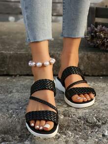 女士编织平底凉鞋，休闲户外一脚蹬舒适防滑夏季拖鞋 - 黑色 - 查看 3