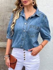 女士中蓝色泡泡袖牛仔衬衫 - 灯笼袖时尚休闲牛仔衬衫 - 中等水洗藍 - 查看 3