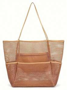 Mesh Beach Bag, Ladies Large Capacity Foldable Mesh Swim Bag With Pocket, Bath Swimming Toiletries Storage Bag, Beach And Seaside Entertainment Storage Tote Bag - Multicolor - View 7