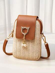 1 件女孩休闲街头风格可爱迷你斜挎手机钱包带零钱包 - 编织面料设计，磁性按扣，涤纶衬里，可调节肩带，适合外出、聚会、度假 - 结构 - 編織手機包 - 查看 4