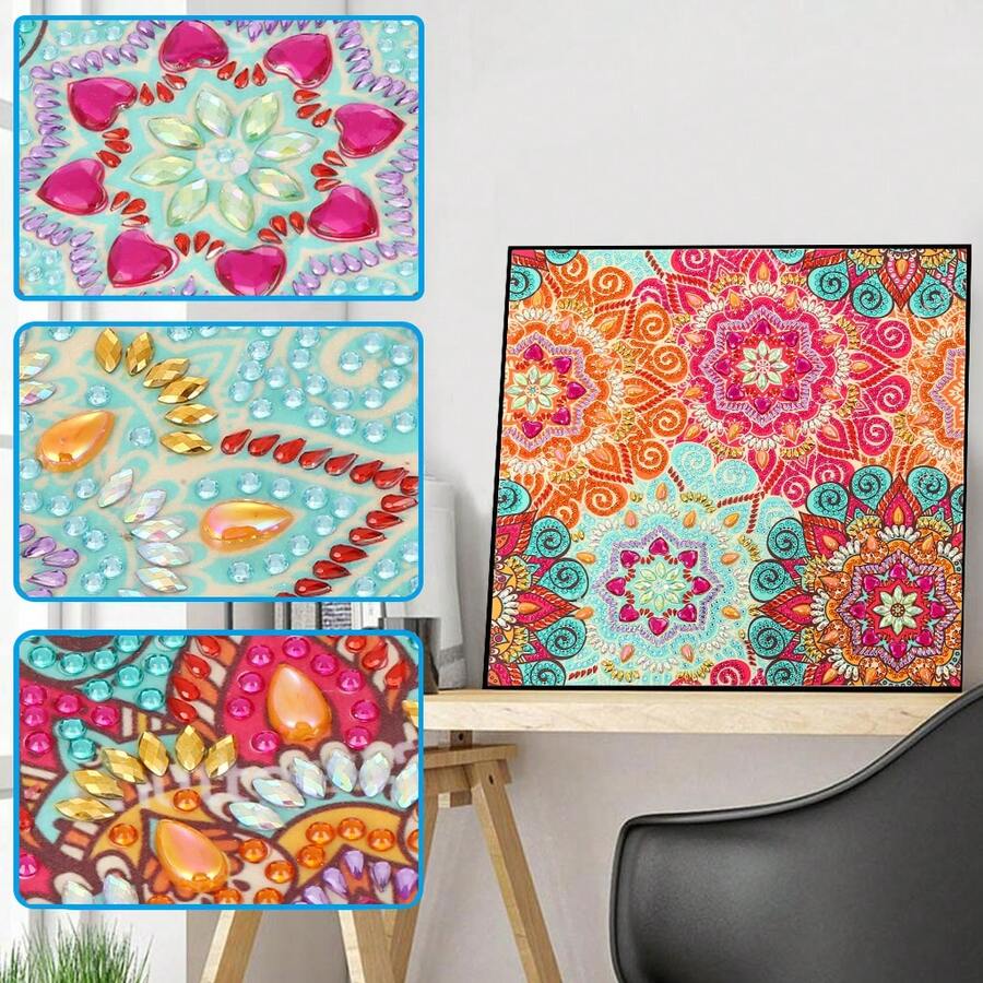 1 件成人 DIY 钻石画套装，不对称形状钻石，曼陀罗花卉图案，适合初学者、家居装饰、节日礼物 - 彩色 - 查看 1