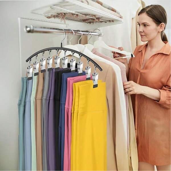 1pc Multifunctional Clothes Hanger For Closet & Cabinet Storage, Saves Space With 10 Clips For Leggings, Pants, Jeans, Skirts, Hats, Scarves, Socks
