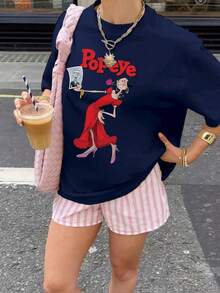 Women's Cartoon Popeye Print Round Neck Short Sleeve Casual T-Shirt, Fashionable And Versatile For Spring/Summer Daily Wear - Navy Blue - View 1
