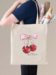 Cherry Pattern Casual Minimalist Shoulder Bag, Handbag Shoulder Bag, Minimalist Bohemian Style Handbag, Women's Gift, Suitable For Work, Travel, Shopping, Backpack, Large Capacity, Portable, Suitable For Teen Girls, Female College Students, White-Collar Workers, Very Suitable For Work, Return To School, High School, High School, University, Vacation , Bohemian Outfit For Women - Beige - View 4