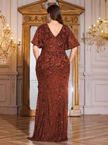 hezixi High Quality Stretch Elegant Sparkling Sequin Splice Bodycon Plus Size V-Neck Dress, For Evening Date, Wedding, Birthday Party, Anniversary, Cocktail, Formal Gala, Wedding Guest, Bachelorette Party, Holiday, Summer/Fall - Rust Brown - View 3