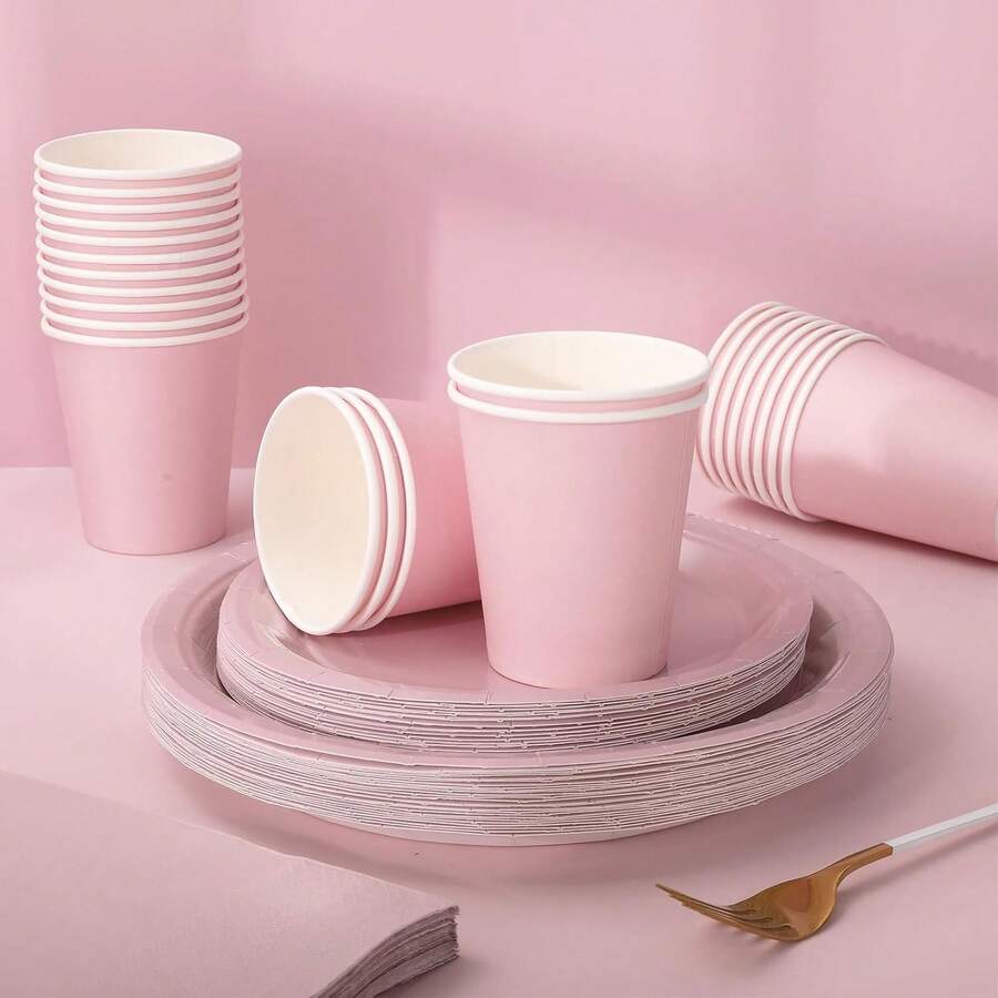 100Pcs Dusty Pink Tableware Set Disposable Dinnerware Set 50Pcs Paper Plates 25Pcs Napkin 25Pcs Cups For Wedding Birthday Bride Shower Party Table Decor - 粉色 - 查看 1