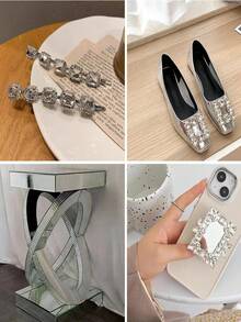 1 Cuộn băng dính đính đá lấp lánh màu bạc rộng 10mm, tự dính, băng dính pha lê thủy tinh, thích hợp để trang trí nhà cửa, xe hơi, quần áo, hộp, khung ảnh, chai lọ, giày dép và điện thoại, trang trí tiệc tùng. - 1 thước bạc - Xem 6