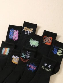 10双款式颜色随机黑色袜子适合儿童涂鸦中长款儿童袜多功能高筒袜 - 彩色 - 查看 2