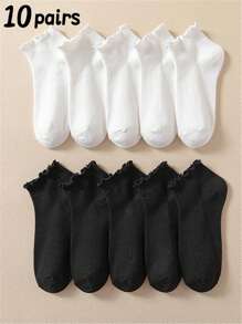 10 双纯色荷叶边条纹女式踝袜，可爱学生女孩日常休闲袜，适合所有季节，秋季袜子