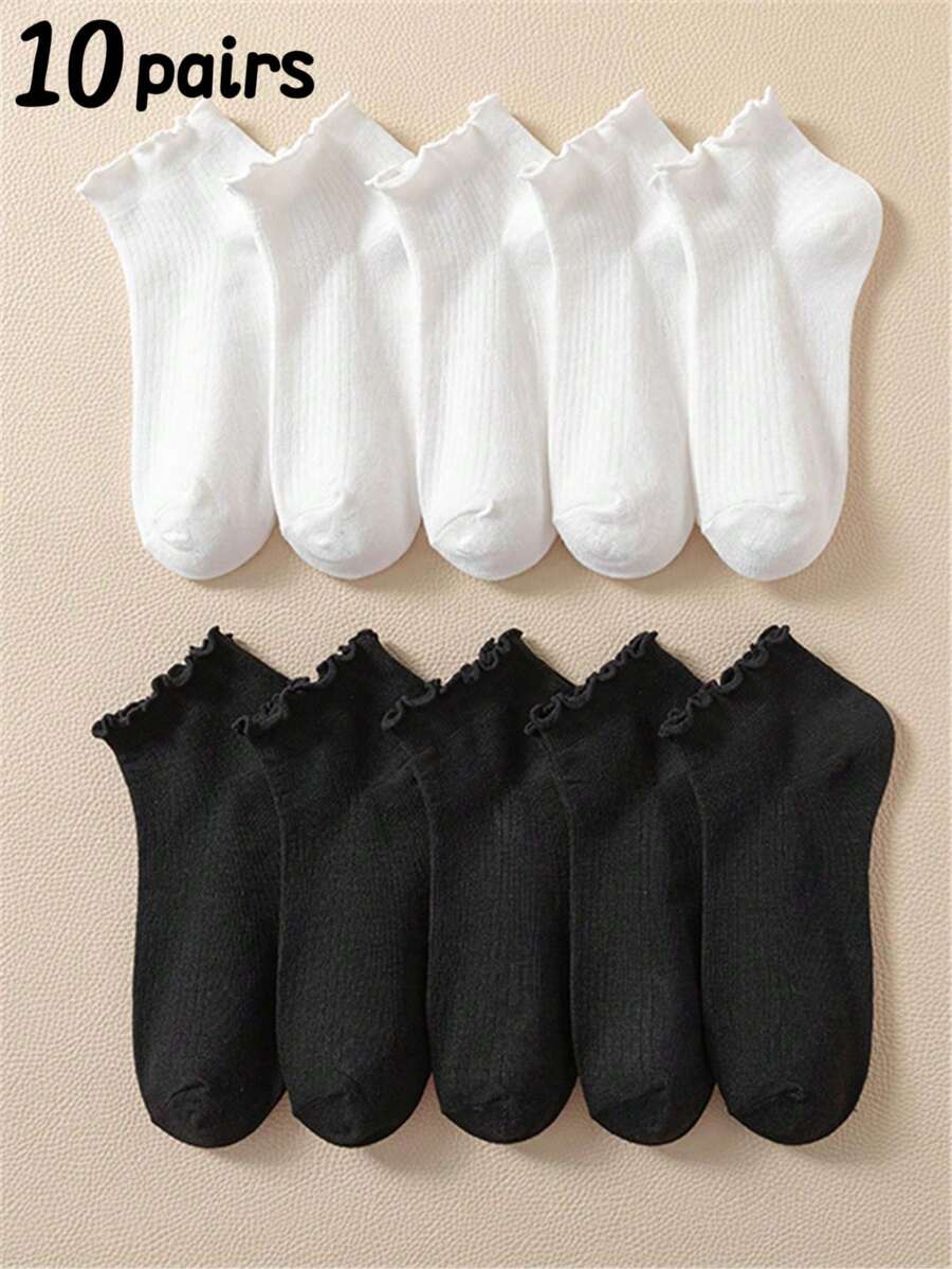 10 双纯色荷叶边条纹女式踝袜，可爱学生女孩日常休闲袜，适合所有季节，秋季袜子
