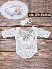 2Pcs Newborn Baby Photography Outfit Set - Chiffon Flower Lace Decor Dress & Pearl Headband For Girls, 70cm And Under - Multicolor - View 8