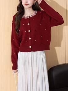 Alicedudu Cardigan col rond style vintage avec décoration de strass pour femmes, ambiance festive, convient pour l'automne/l'hiver - Rouge foncé - Voir 5