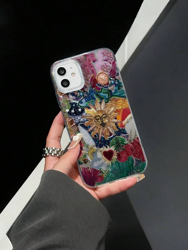 HANCAI Capa de celular com bordado artístico e elementos de girassol, coração e cereja, design criativo exclusivo, adequada para celulares Apple 16promax/15/14/13/12/11