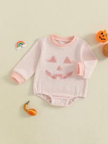 ベビーガールズ ハロウィン ロンパース カジュアル パンプキン刺繍 ワッフル 長袖 ジャンプスーツ 新生児 幼児 ファッション服 - ピンク - チェックする 2