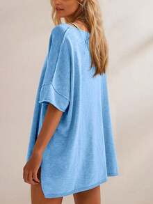 Women's Oversized T Shirts Casual Summer Crew Neck Loose Dropped Short Sleeve Side Slit Hem Blouse Tunic Tops - 藍色 - 查看 5