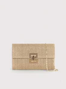 Bolso de playa con solapa con cierre de giro, de paja trenzada con cadena, tipo clutch