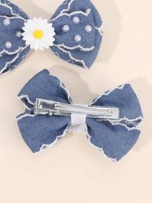 2 piezas Pasadores para el cabello de niña de color azul denim con decoración de margaritas y perlas, accesorios de cabello lindos y elegantes para volver al colegio/días de primavera/uso diario