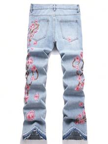 Men's Embroidered Distressed Flared Leg Jeans - Light Wash - View 2