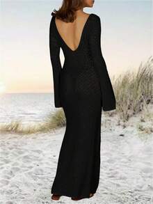 Womens Crochet Maxi Cover Up Dress Long Sleeve Bodycon Summer Swimwear Beach Knit Dresses - 黑色 - 查看 5
