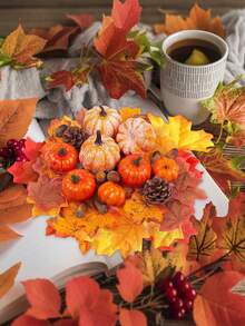 50 件仿真南瓜套装迷你仿真葫芦秋叶橡子装饰适用于丰收感恩节餐桌中心装饰托盘农舍花瓶节日派对家居装饰，假植物