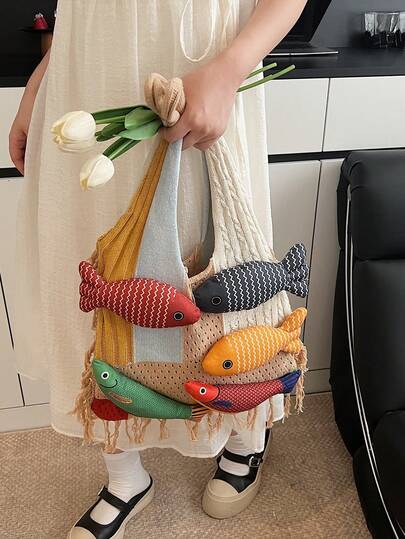 Handmade Woven Tote Bag, Large Capacity Multi-Color Knitted Bag, 2025 New Commuter Bag