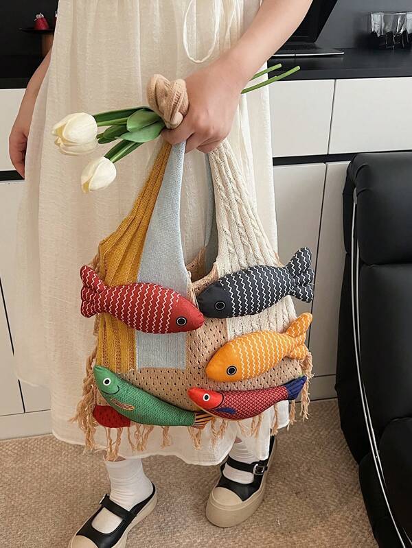 Bolso de mano de tejido hecho a mano, bolso de gran capacidad de punto multicolor, nueva bolsa de transporte 2025