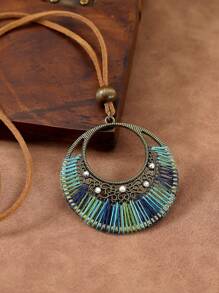 TopHanqi 1 pieza Collar colgante estilo bohemio retro para mujer, collar de cadena de cuerda decorado con rhinestones geométricos circulares, versátil para uso diario, accesorios para fiestas y regalo