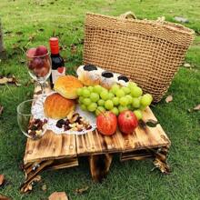 Wooden Outdoor Folding Picnic Basket Table, Folding Picnic Table With Wine Glass Holder, 2-In-1 Picnic Table Convertible Storage Wooden Basket, Natural Travel Camping Equipment