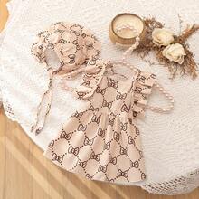 Cute Cat & Dog Allover Print Hooded Jumper Dress With Bow Decor - Apricot - View 4