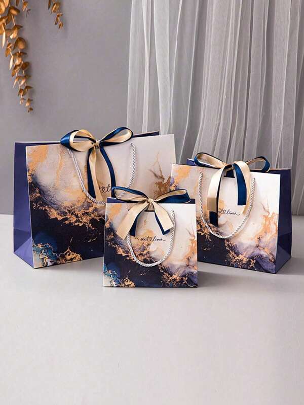 1/5pcs Gift Bag With Marble Pattern, With Two-Color Ribbon Handle And Printed Packaging Bag, Suitable For Parties, Weddings, Festivals, Christmas And Valentine's Day.