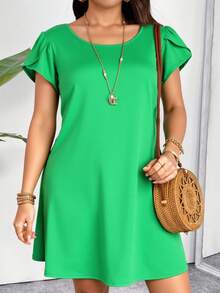 Vestido corto dama mujer curvy tallas extra collar incluido manga corta tulipan acampanado holgado suelto comodo fresco ligero casual primavera verano - Verde - Ver 3