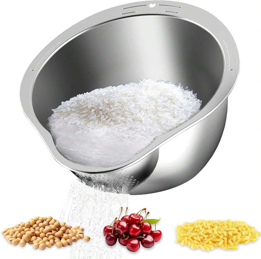 Rice Washer - Rice Washer Strainer Bowl - Rice Drainer Strainer - Fine Mesh Colander - Rice Cleaner Strainer - Colander Bowl For Rice Veggie Fruit Beans - Silver - Silver - View 1
