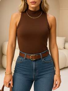 Kit 3 High Neck Blouse Suplex Basic Women's Casual Tank Top - 海軍藍/棕色/粉紅色 - 查看 5