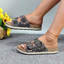 Womens Slides With Cork Footbed Open Toe Adjustable Webbing Flat Sandals For Walking | Beach | Indoor POWDER-03 - 黑色 - 查看 2
