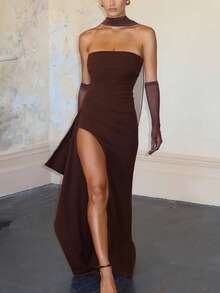 Elisanya 露背露肩紧身开衩连衣裙（配腰带） - 棕色 - 查看 10