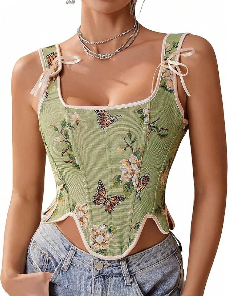 Womens Vintage 1920s Renaissance Lace Trim Corset Bustier, Retro Fashion - Hijau - View 1