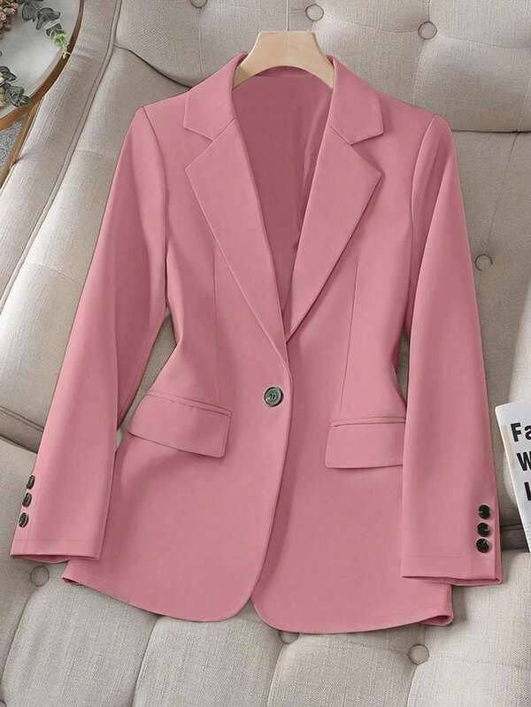 Women's Solid Color Notched Collar Long Sleeve Single Button Casual/Commuting Thin Blazer, Autumn