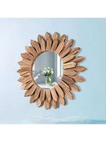 1 Stück Spiegel im böhmischen Sonnenblumen-Stil mit 1 Stück rundem Holzrahmen, Retro-Stil Wandspiegel für Eingangsbereich, Schlafzimmer oder Wohnzimmer, böhmische Heimdekoration
