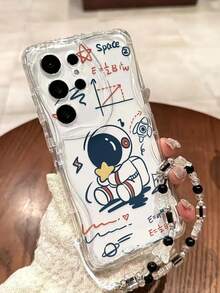 Cream Texture Wavy Edge Gloss Astronaut Printed Shockproof Phone Case With Handmade Beaded Bracelet Decor - Multicolor - View 1