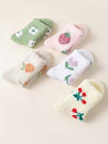 5pcs/Pack Cherry Fruit & Flower Print Coral Fleece Warm Sleeping Socks For Women, Comfortable Skin-Friendly Cute Fashionable Mid-Calf House Socks, Suitable For Spring, Autumn & Winter Seasons, For Home, Office & Leisure Wear, Cozy - Multicolor - View 5