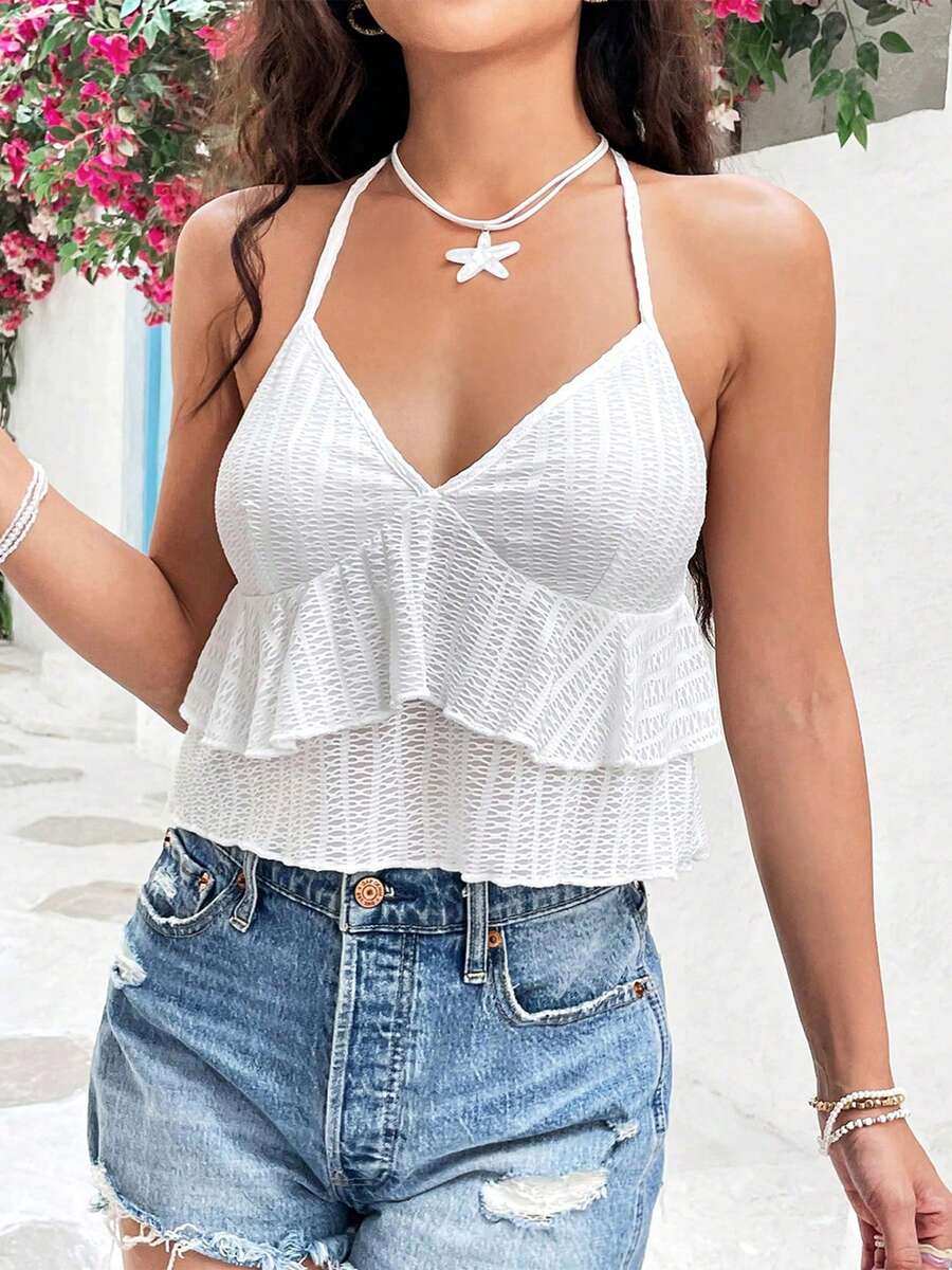 Women Y2k Tank Top Spaghetti Strap Backless Ruffle Ruched Crop Top Flowy Peplum Babydoll Tops Streetwear - White - View 1