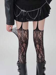 1/2 双花藤吊袜带，女式连体蕾丝提花渔网袜